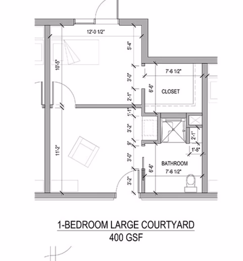 Architectural floor plan of a 1-bedroom large courtyard unit measuring 400 GSF, showing a bedroom, closet, bathroom, and living area with dimensions.