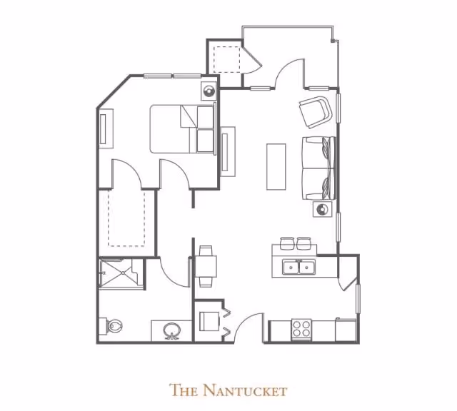 Architectural floor plan of The Nantucket unit at The Village of Tanglewood, showing a layout with a bedroom, bathroom, kitchen, dining area, and living room.