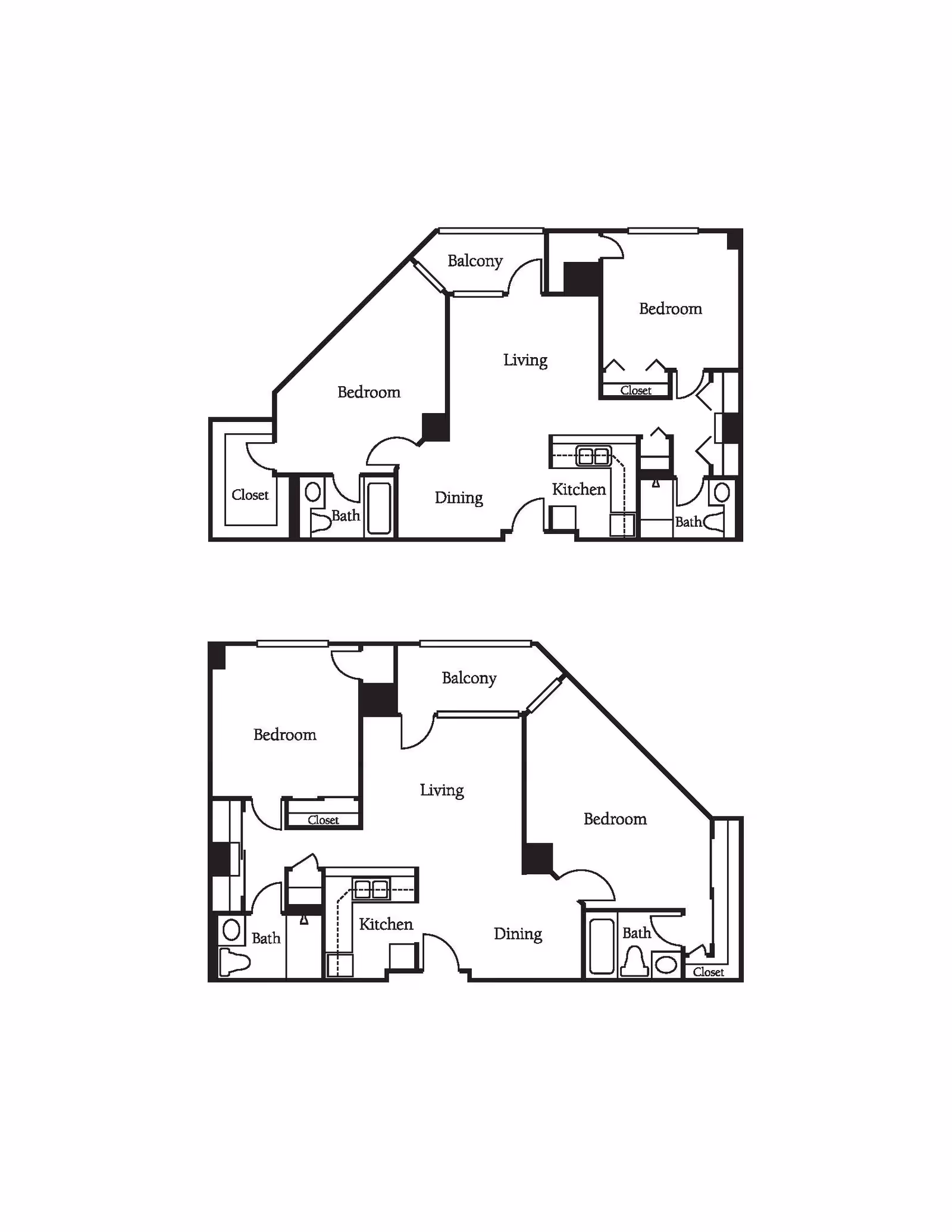 Two black and white architectural floor plans for apartments at Brookdale Parkplace, each showing two bedrooms, two bathrooms, a kitchen, dining area, living room, closets, and a balcony.