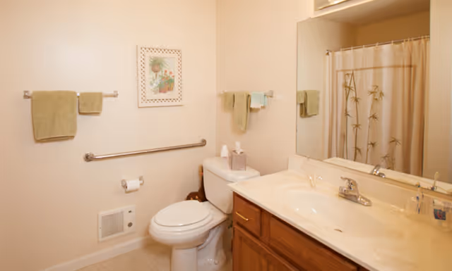 Bright bathroom with a toilet, sink and mirror, grab bar, towels, and a shower with a patterned curtain.