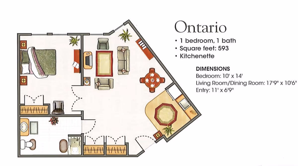 Floor plan of the Ontario unit at Woodland Village showing 1 bedroom, 1 bathroom, a living room/dining room area, and a kitchenette. The bedroom measures 10 feet by 14 feet, the living room/dining room is 17 feet 9 inches by 10 feet 6 inches, and the entry is 11 feet by 6 feet 9 inches. The layout includes furniture such as a bed, sofa, chairs, dining table, and kitchen appliances.