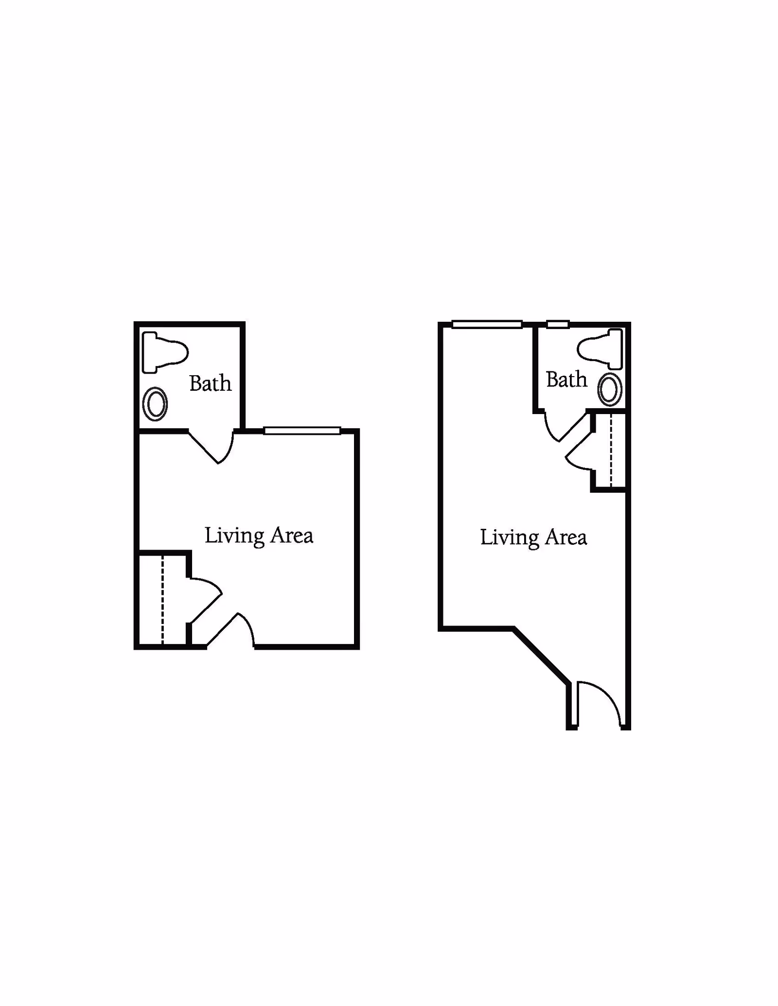 Black and white architectural floor plan showing two small units, each with a living area and a bathroom. The left unit has a closet near the entrance, and the right unit has a slightly angled wall near the entrance.