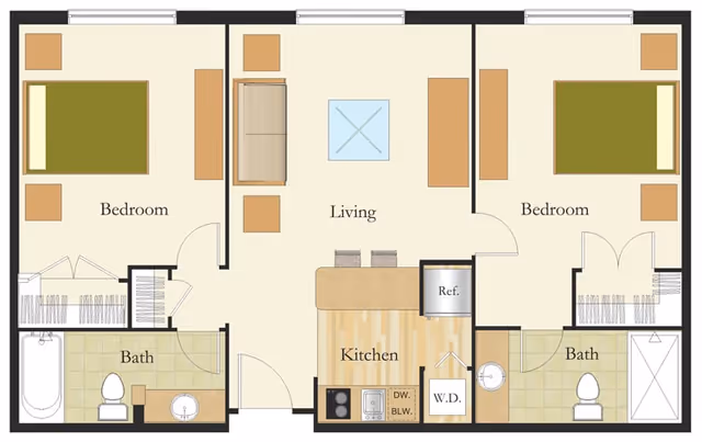 Floor plan of an apartment at Bartlett Reserve showing two bedrooms, two bathrooms, a living room, and a kitchen area with labeled appliances and furniture.