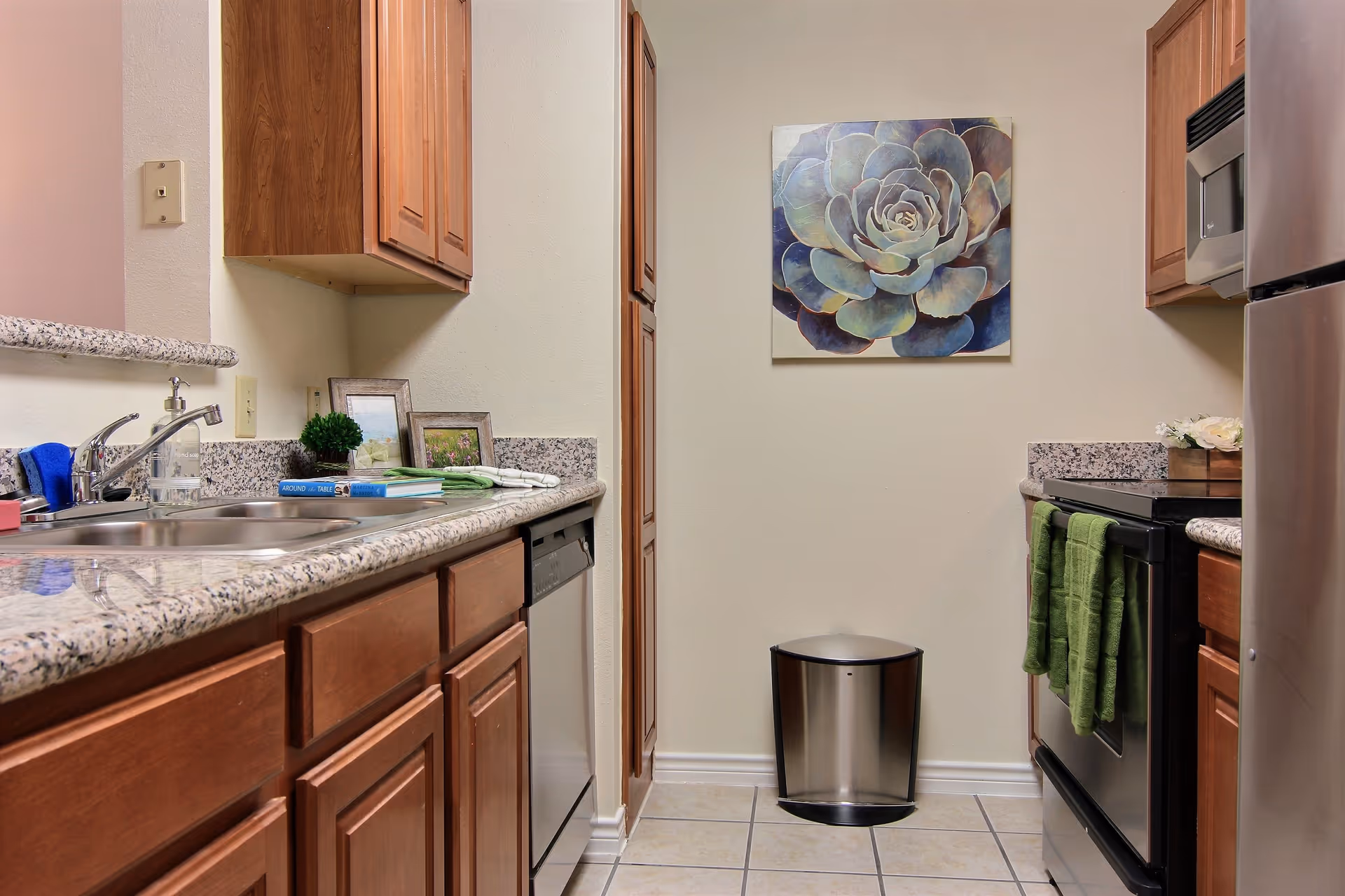 A compact kitchen with wooden cabinets, granite countertops, a stainless steel sink, dishwasher, stove, microwave, and refrigerator. There is a stainless steel trash can against the far wall beneath a large painting of a succulent plant. Green towels hang on the oven handle, and small decorative items including framed pictures and a small plant are on the countertop.