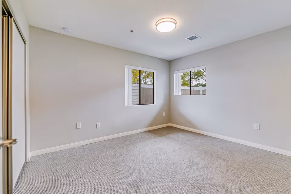 Empty room with beige carpet, light gray walls, two windows with white blinds, a ceiling light fixture, and a mirrored closet door on the left side.