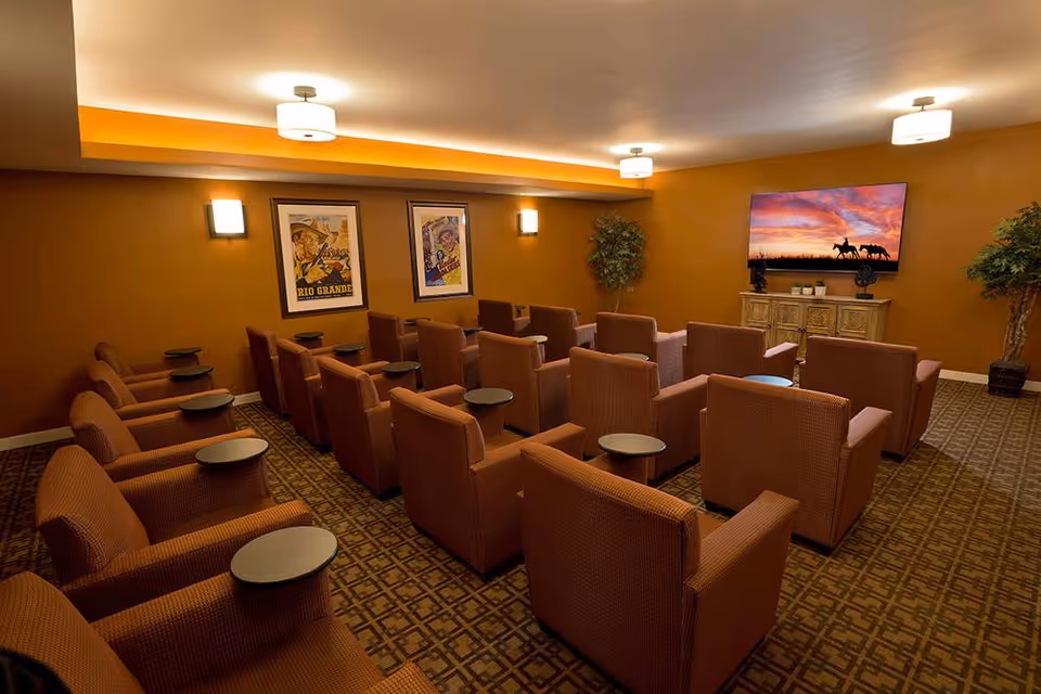 A cozy media room with multiple rows of brown upholstered armchairs, each equipped with a small round side table. The walls are painted a warm brown color and decorated with framed vintage-style posters. A flat-screen TV mounted on the front wall displays an image of a sunset with two cowboys on horseback. The room is softly lit with ceiling lights and wall sconces, and there are two potted plants in the corners.