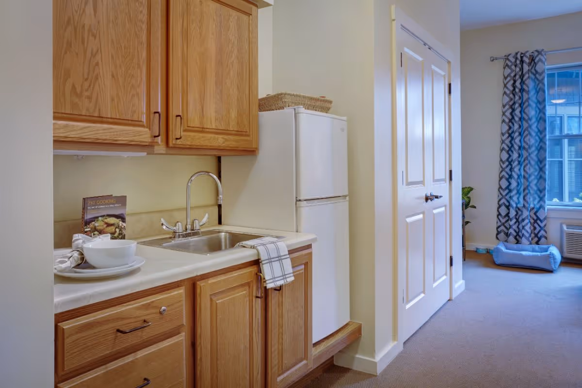 A small kitchen area with wooden cabinets, a stainless steel sink with a faucet, a white refrigerator, and a countertop with a bowl, plate, and napkin. In the background, there is a window with patterned curtains, a blue pet bed on the floor, and a white double door closet.
