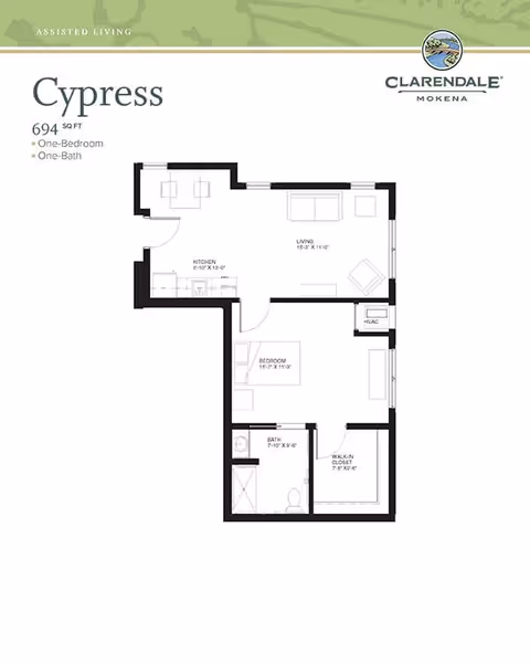 Floor plan of a one-bedroom, one-bath assisted living apartment named Cypress at Clarendale of Mokena, showing a kitchen, living room, bedroom, bathroom, and walk-in closet with dimensions.