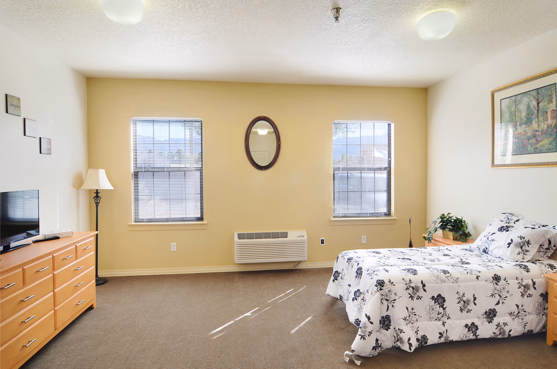 A bright bedroom with two windows, a bed with floral bedding, a wooden dresser with a TV on top, a floor lamp, a small plant on a nightstand, and a framed picture on the wall.