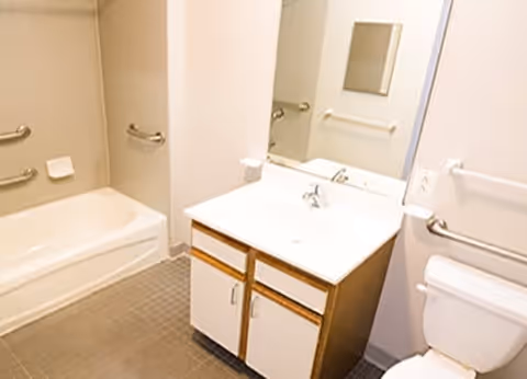 A clean bathroom featuring a bathtub with grab bars, a sink with a cabinet underneath, a large mirror above the sink, and a toilet with a grab bar beside it.