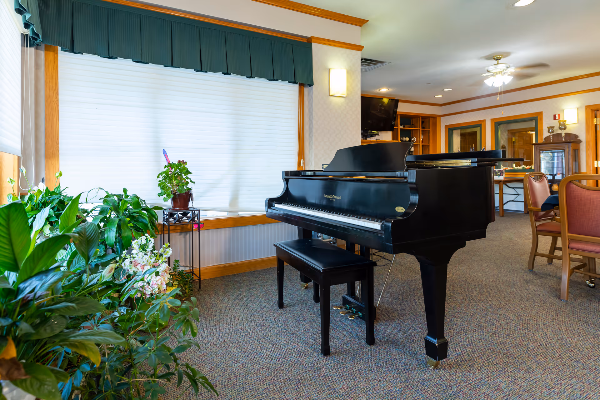 Interior of a senior living facility common area featuring a black grand piano with a matching bench, surrounded by green plants near a large window with white blinds and a green valance. The room has carpeted floors, wooden trim, and several chairs and tables in the background under ceiling lights and a ceiling fan.