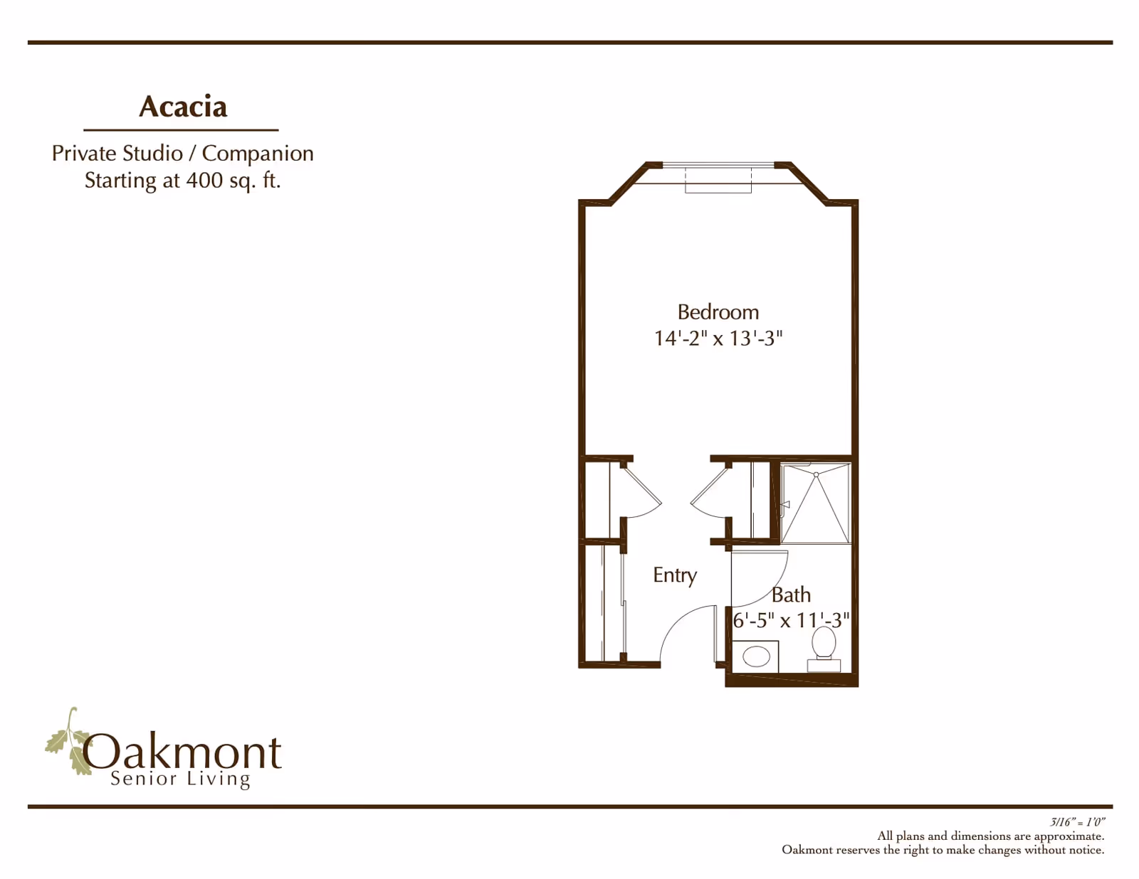 Floor plan for Acacia private studio/companion unit at Oakmont Senior Living, showing a bedroom measuring 14 feet 2 inches by 13 feet 3 inches, an entry area, and a bathroom measuring 6 feet 5 inches by 11 feet 3 inches.