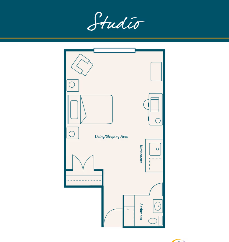 Floor plan of a studio apartment at HarborChase Of Huntsville showing a living/sleeping area with a bed, chair, and kitchenette, along with a separate bathroom.