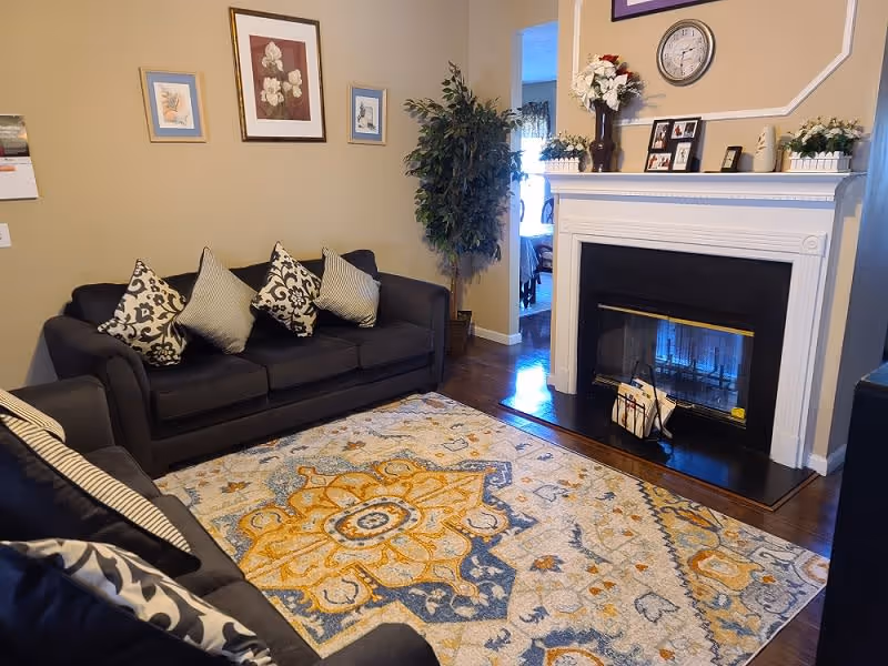 A cozy living room with two dark sofas adorned with patterned cushions, a decorative area rug with yellow, blue, and white designs, a white fireplace mantel decorated with flowers, framed photos, and a clock. There are three framed pictures on the beige wall and a tall green plant in the corner near an open doorway leading to another room.