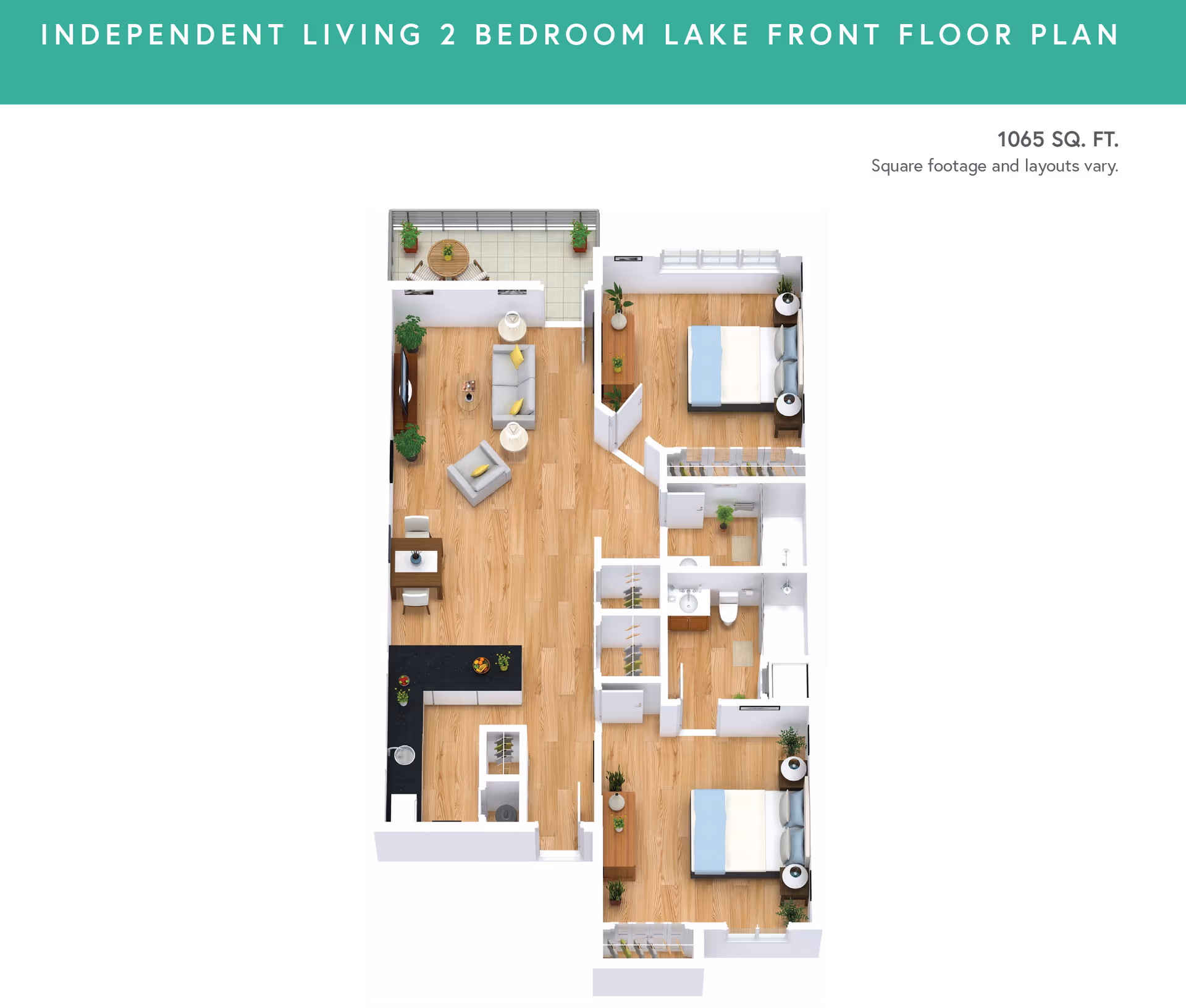 Top-down rendered floor plan of a two-bedroom, two-bath independent living apartment with open living area, kitchen, balcony, and wood floors.
