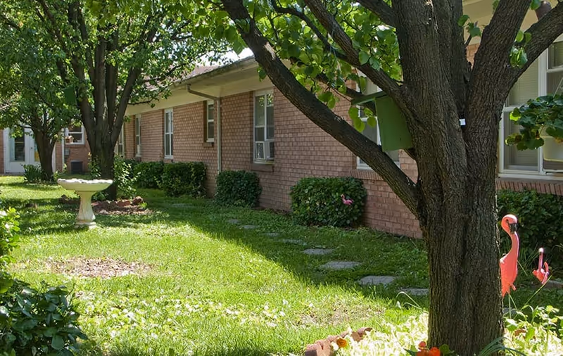 Grassy courtyard with trees, a birdbath, pink flamingo lawn ornaments, and a low brick building with windows.