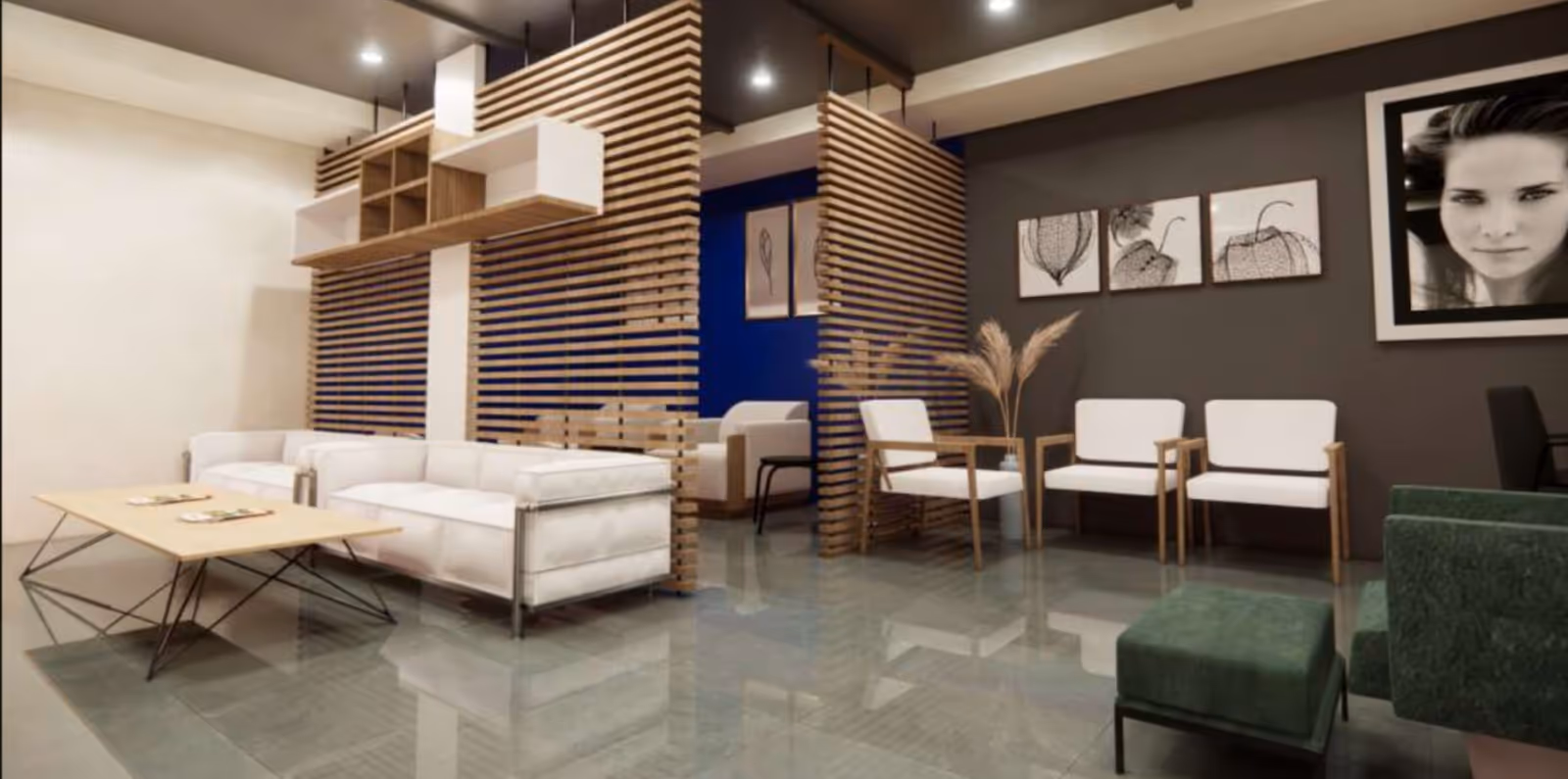 Modern lounge area with white sofas, wooden slatted room dividers, white armchairs, green upholstered chairs, a light wooden coffee table, and framed black and white artwork on the walls.
