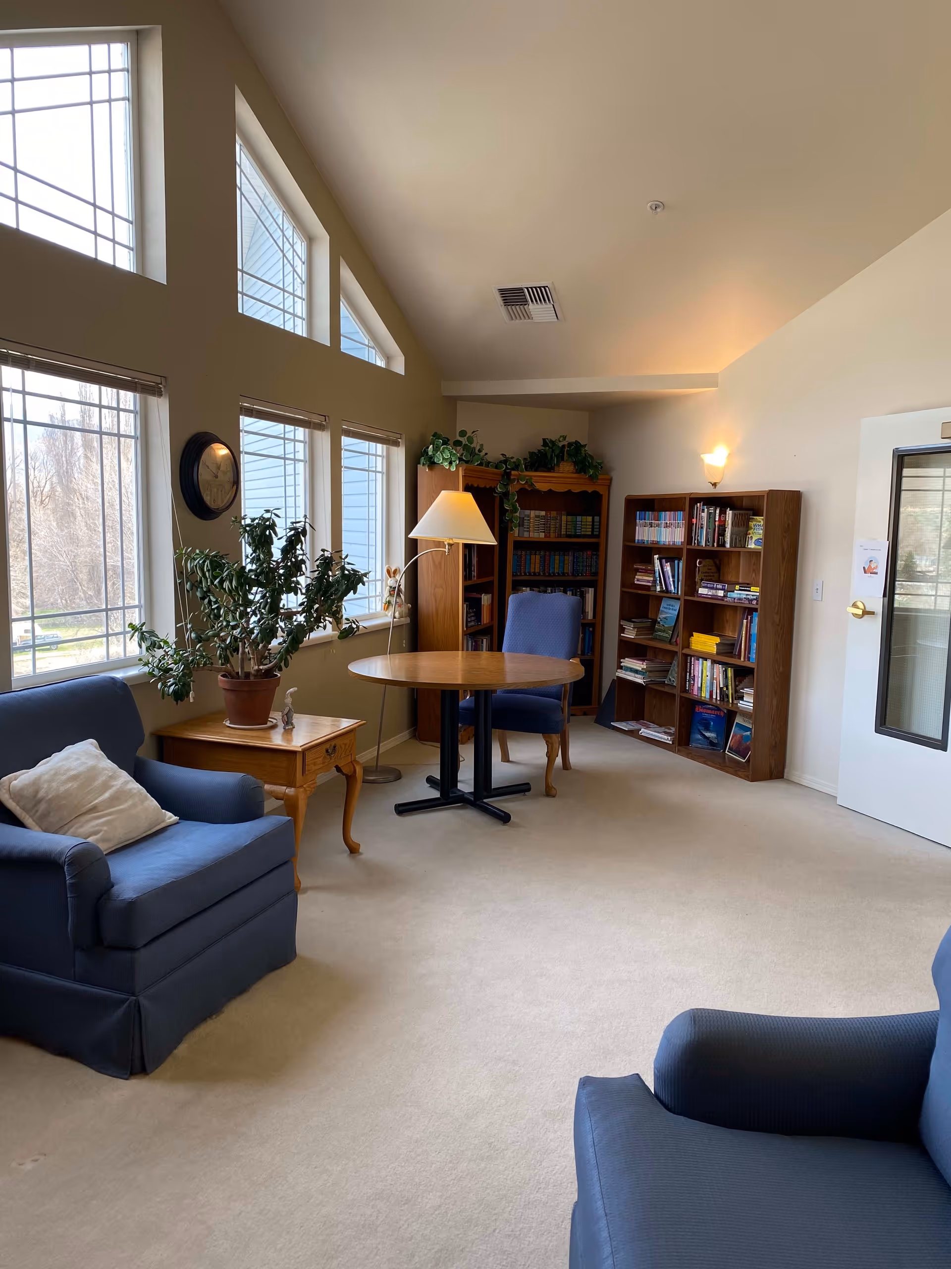 A cozy room with beige walls and carpet, featuring two blue armchairs with a white pillow on one, a wooden side table with a potted plant, a round wooden table with a floor lamp beside it, and two wooden bookshelves filled with books. Large windows with blinds allow natural light to fill the space.