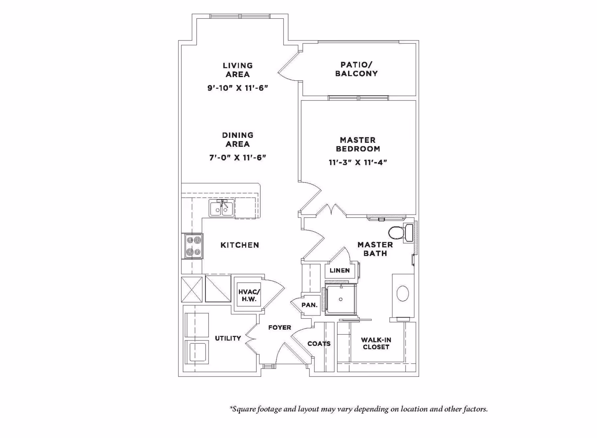 Black-and-white floor plan of an apartment showing a living area, dining area, kitchen, master bedroom with bath and walk-in closet, patio/balcony, utility and foyer.