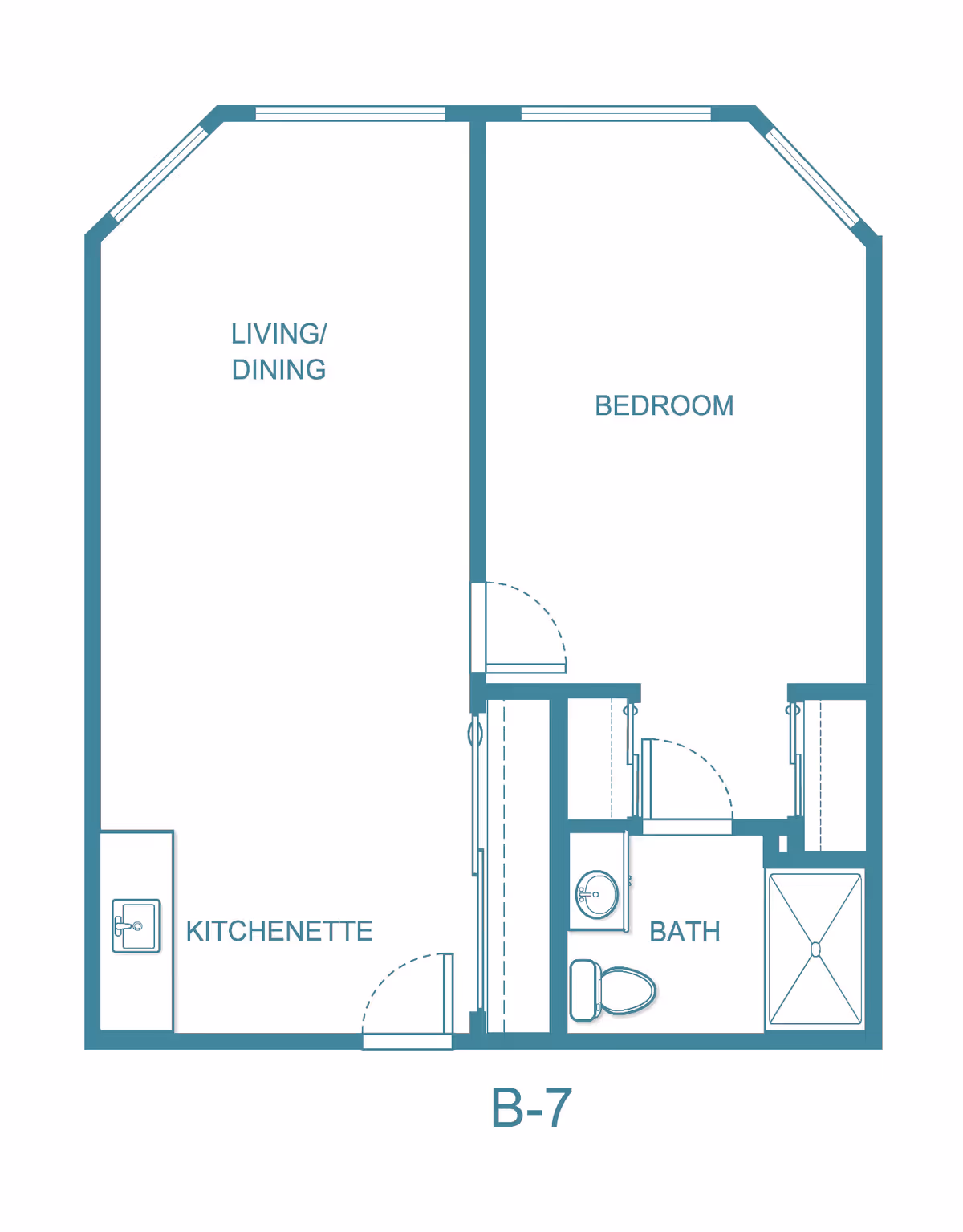 Floor plan labeled B-7 showing a kitchenette, living/dining area, bedroom, and bathroom layout.