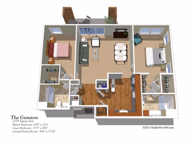 3D floor plan of an apartment named The Gunston at The Fairfax at Belvoir Woods, showing two bedrooms, a living and dining room area, kitchen, bathroom, and closets. The master bedroom measures 15'4" x 12'6", the guest bedroom 13'1" x 10'6", and the living/dining room 18'6" x 17'10". The layout includes furniture such as beds, sofas, dining table, and kitchen appliances.
