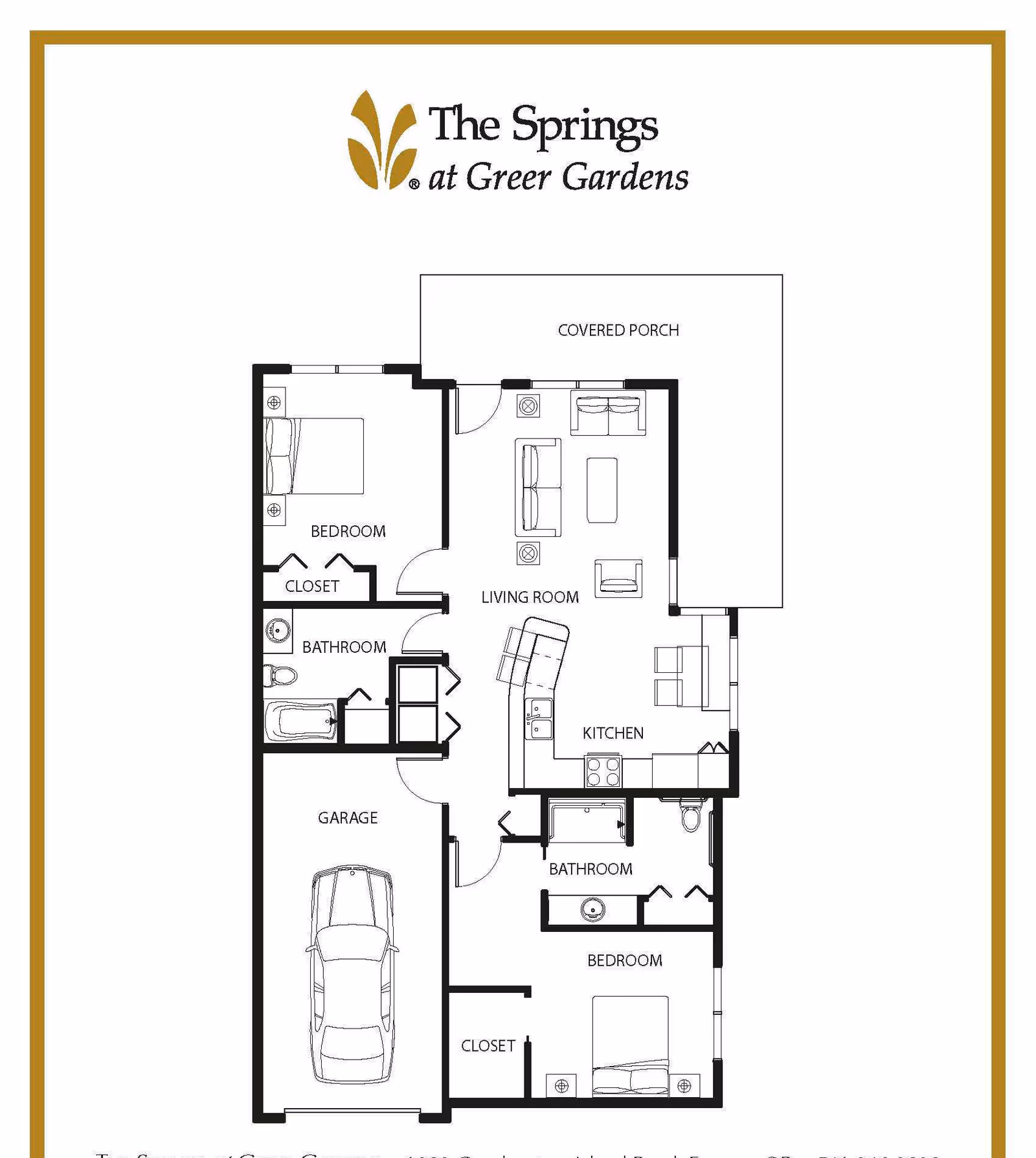 Black-and-white floor plan for The Springs at Greer Gardens showing two bedrooms, two bathrooms, a kitchen, living room, garage, and covered porch.
