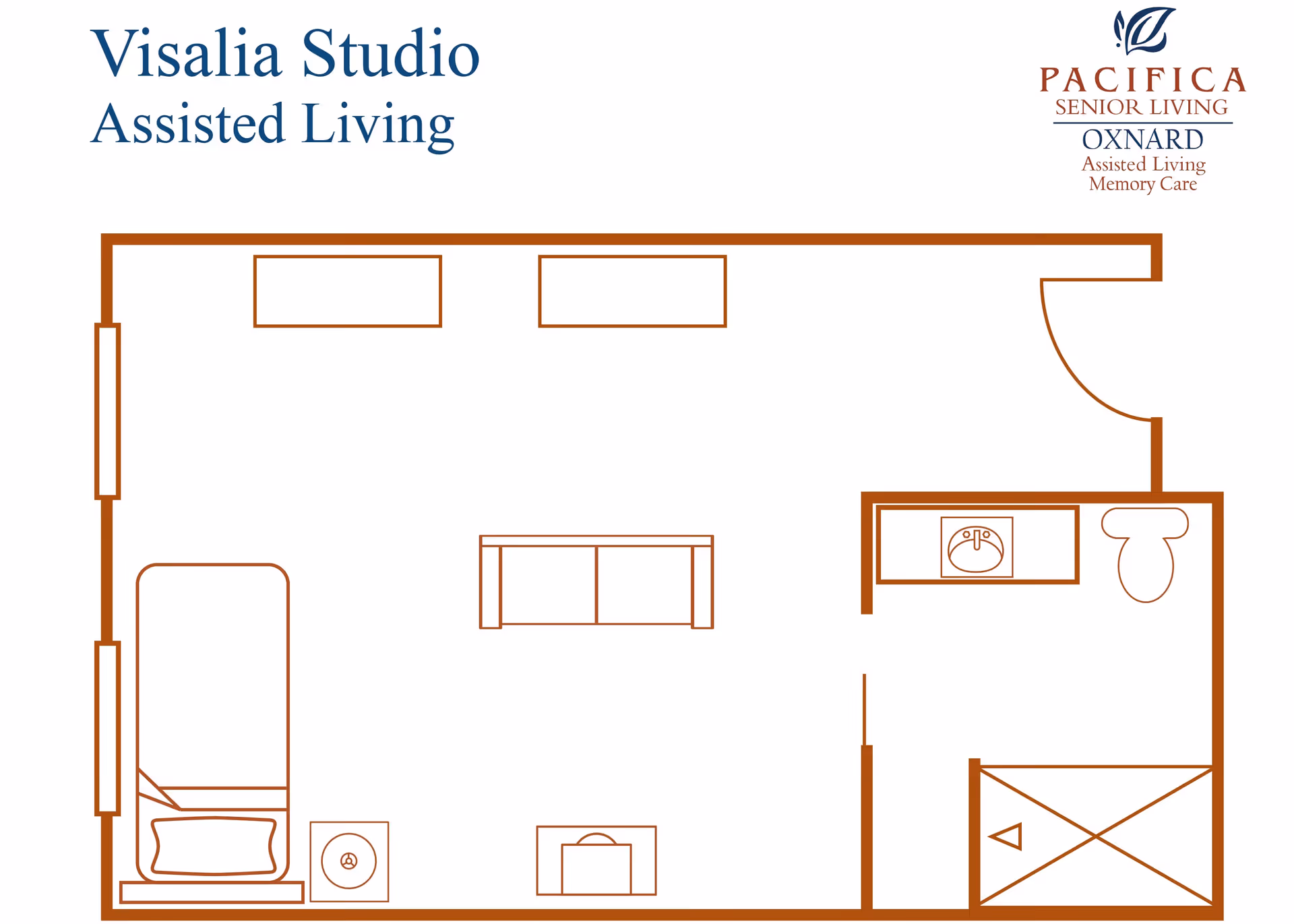 Floor plan layout of Visalia Studio Assisted Living unit at Pacifica Senior Living Oxnard, showing a single room with a bed, a small table, a couch, and a bathroom with a sink, toilet, and shower.
