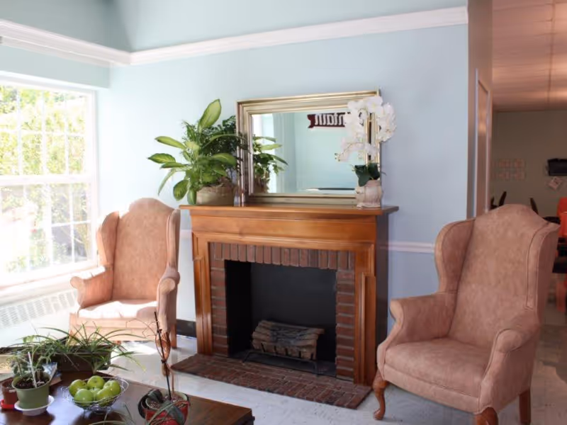 Cozy sitting area with a wooden fireplace mantel, mirror, potted plants, and two upholstered wingback chairs by a window.