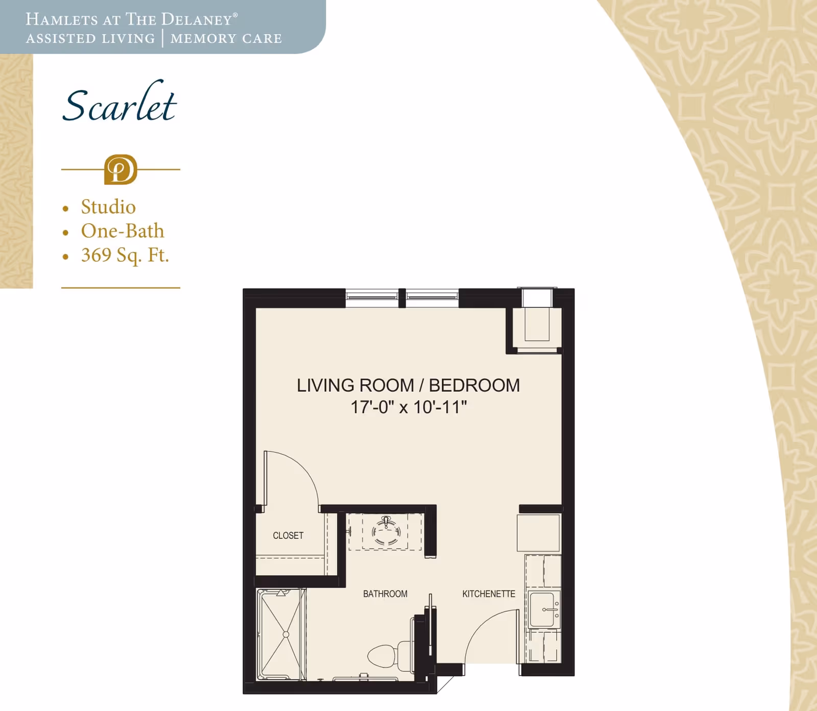 Floor plan of a studio apartment named Scarlet at Hamlets at The Delaney assisted living and memory care. The layout includes a living room/bedroom area measuring 17 feet by 10 feet 11 inches, a bathroom with a shower, toilet, and sink, a closet, and a kitchenette.