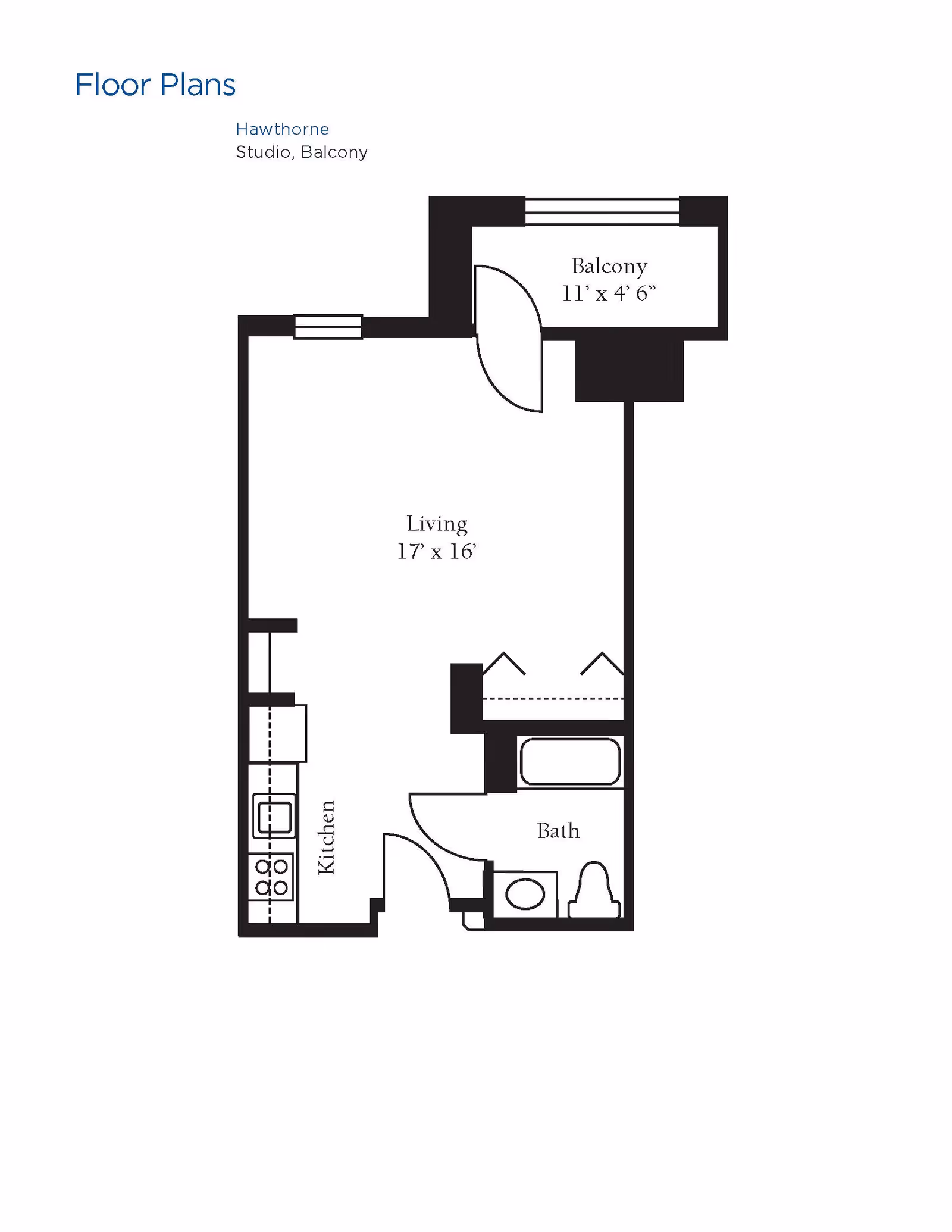 Floor plan of a studio apartment named Hawthorne with a balcony. The layout includes a living area measuring 17 by 16 feet, a kitchen area, a bathroom with a bathtub and toilet, and a balcony measuring 11 by 4 feet 6 inches.