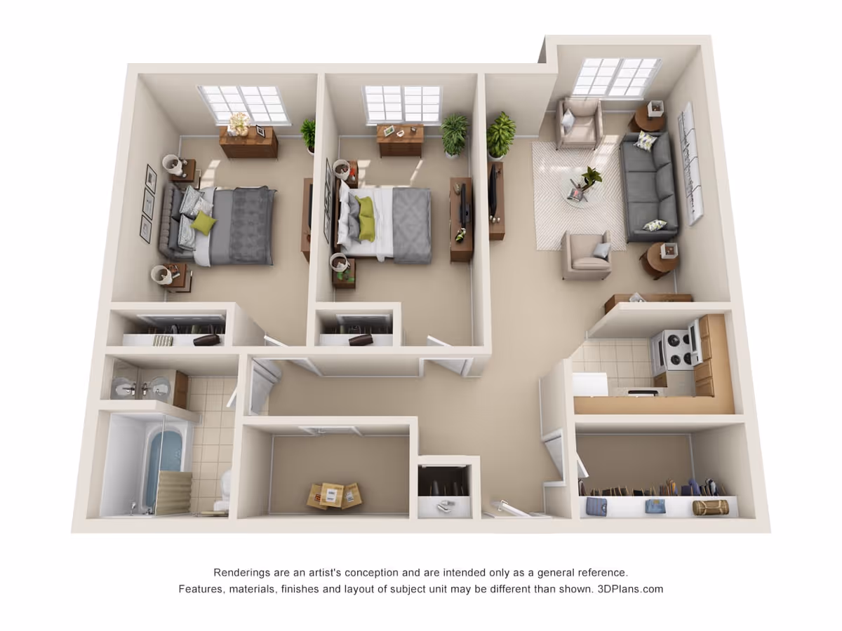 3D floor plan of an apartment unit showing two bedrooms, a bathroom with a bathtub, a living room with sofa and chairs, and a kitchen with appliances. The bedrooms have beds, nightstands, dressers, and windows. The living room has a TV and plants. There is also a closet and a small entry area.