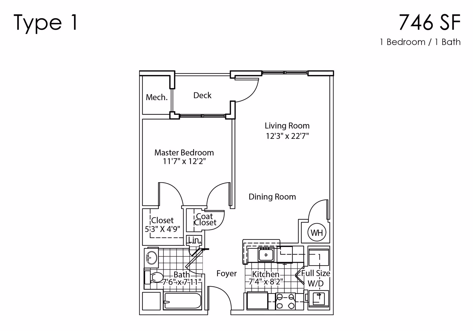 Floor plan labeled Type 1 showing a 746 square feet apartment with 1 bedroom and 1 bath. The layout includes a master bedroom measuring 11'7" x 12'2", a living room measuring 12'3" x 22'7", a dining room, a kitchen measuring 7'4" x 8'2", a bath measuring 7'6" x 7'11", a coat closet, a linen closet, a full-size washer/dryer area, a mechanical room, and a deck. The foyer is located at the entrance.