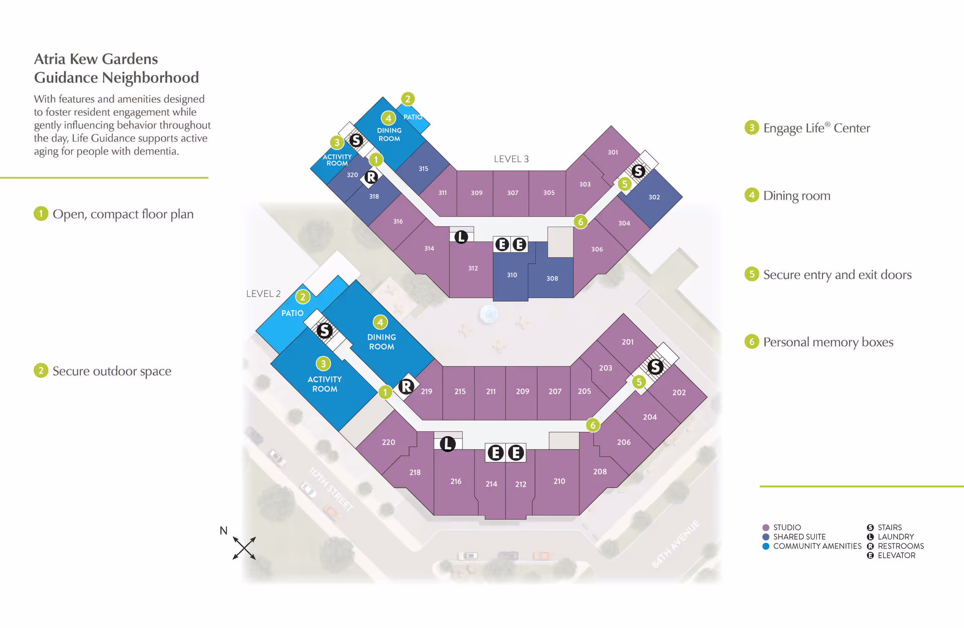 Floor plan of Atria Kew Gardens Guidance Neighborhood showing two levels with labeled areas including patios, dining rooms, activity rooms, secure entry and exit doors, personal memory boxes, stairs, laundry, restrooms, and elevators. The plan highlights studio, shared suite, and community amenities in different colors.