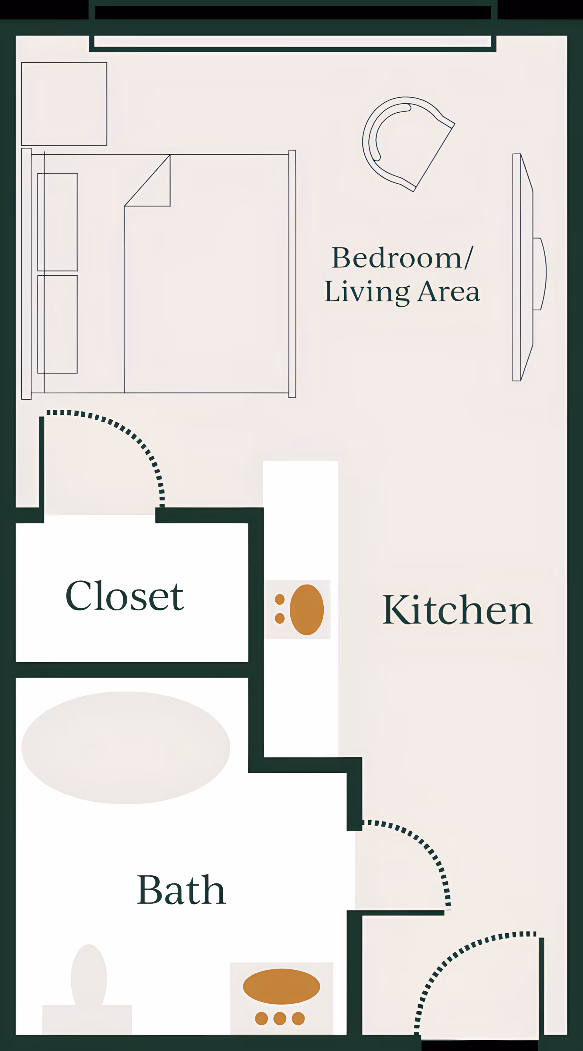 Floor plan layout of a senior living unit at The Lodge at Mallard's Landing showing a combined bedroom and living area with a bed, chair, and TV, a kitchen area, a closet, and a bathroom with a toilet and bathtub.