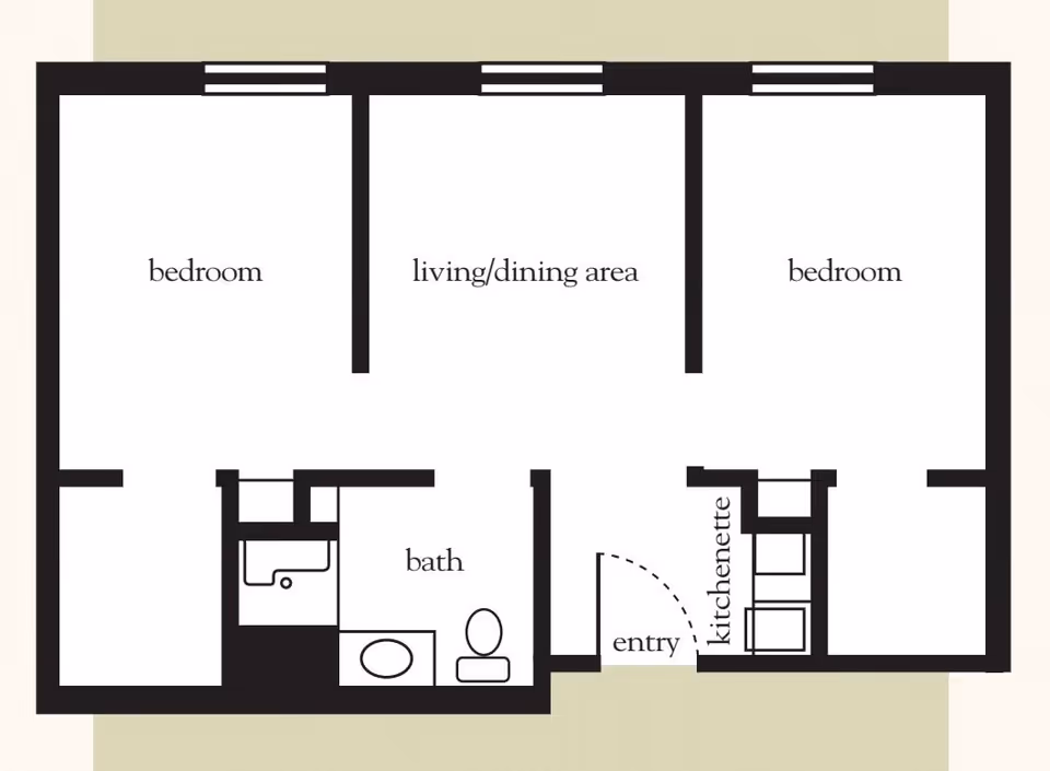 Floor plan layout of a senior living unit at Atria Briarcliff Manor showing two bedrooms, a combined living and dining area, a bathroom, an entryway, and a kitchenette.