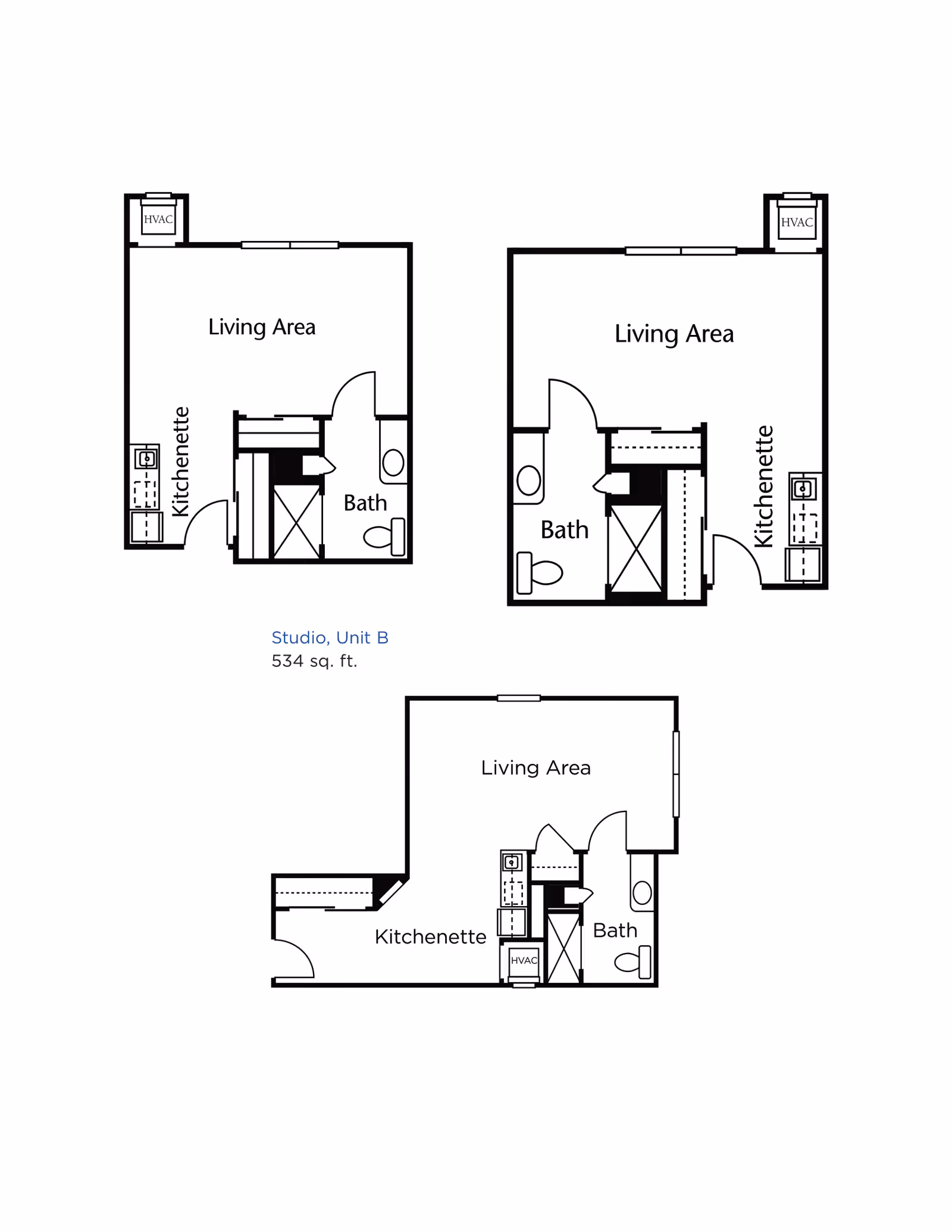 Floor plans for three studio units labeled Studio, Unit B, each with a living area, kitchenette, and bath. The layout shows the arrangement of rooms and fixtures including HVAC units, sinks, toilets, and showers.