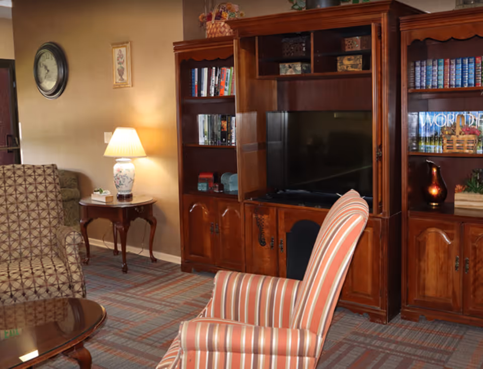 A cozy living room area with a striped armchair in the foreground, a wooden entertainment center with a TV and bookshelves, a side table with a decorative lamp, and a patterned armchair. The room has carpeted flooring and warm lighting.