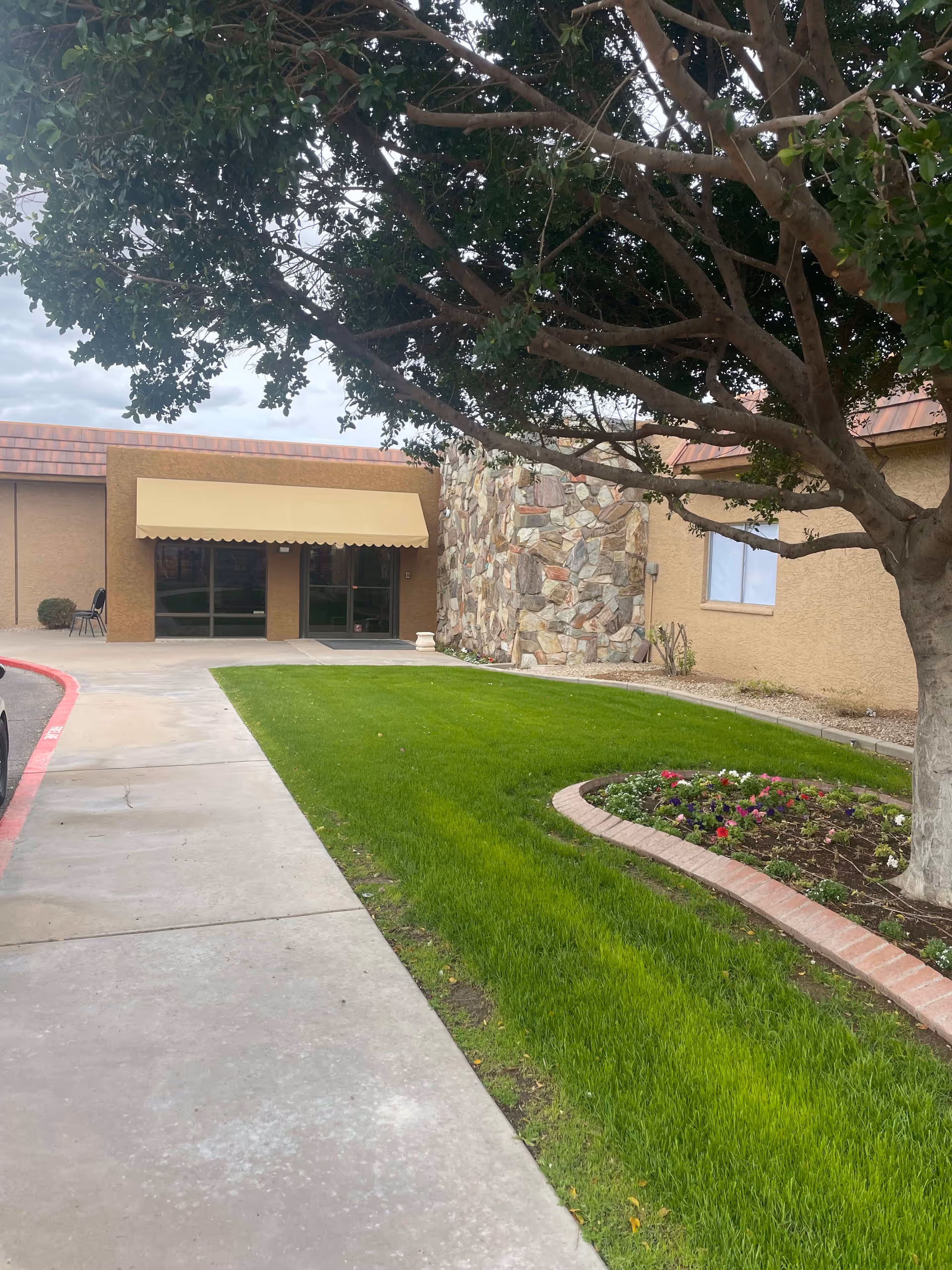 Outdoor view of the entrance to Mimosa Springs Assisted Living facility showing a concrete walkway, green lawn, flower bed with colorful flowers, a large tree, and a building with a stone accent wall and a beige awning over the glass doors.