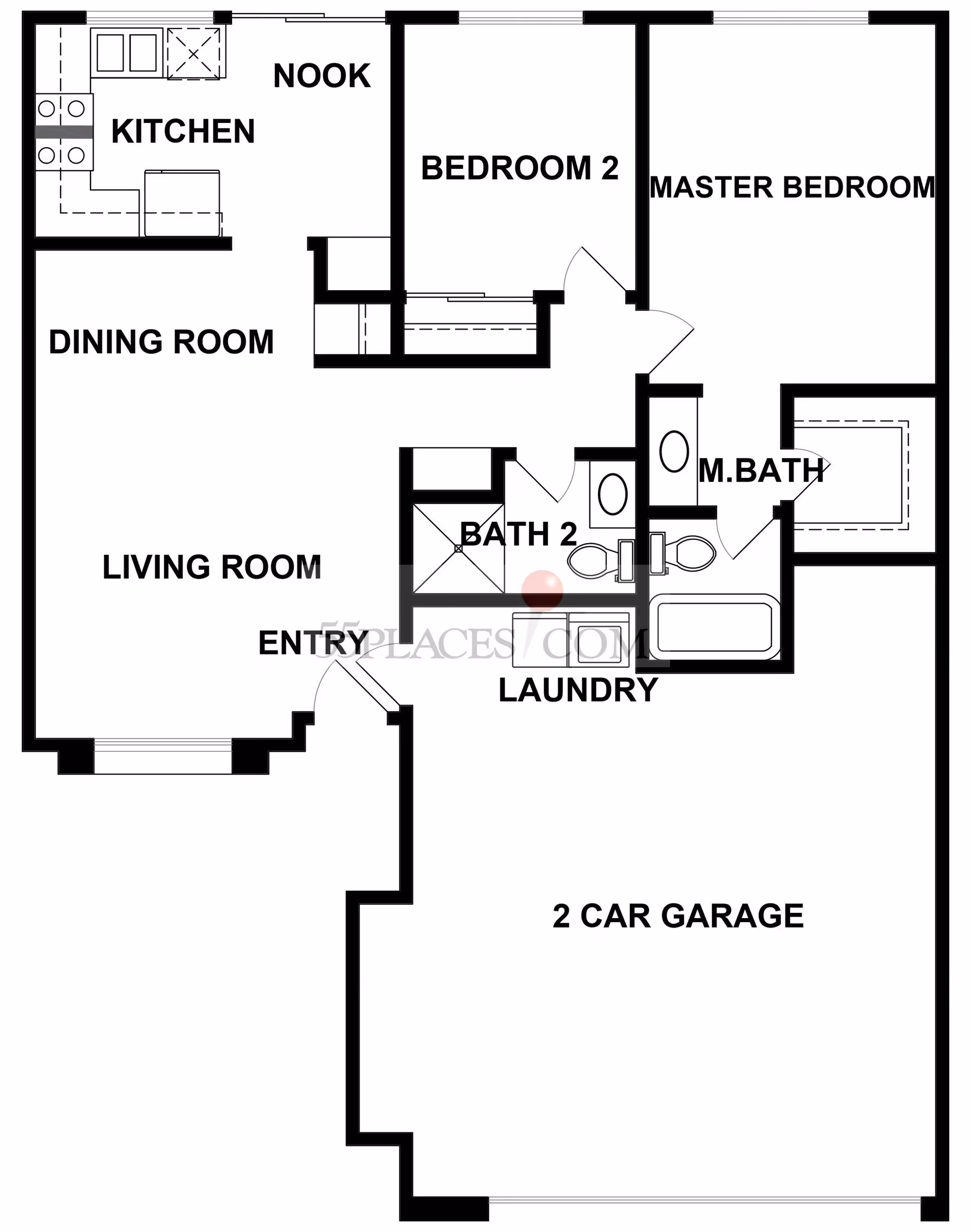 Black-and-white floor plan showing kitchen, dining room, living room, two bedrooms, two bathrooms, laundry, and a 2-car garage.