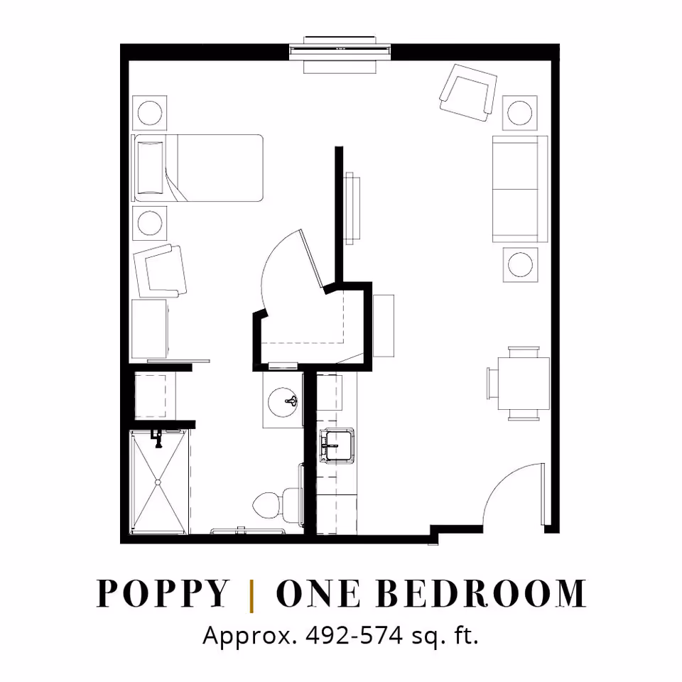 Floor plan of a one-bedroom apartment named Poppy, approximately 492-574 square feet, showing a bedroom with a bed, two nightstands, and a chair; a bathroom with a shower, toilet, and sink; a living area with a sofa, chair, two side tables, and a small dining table with chairs; and a kitchen area with a sink and appliances.