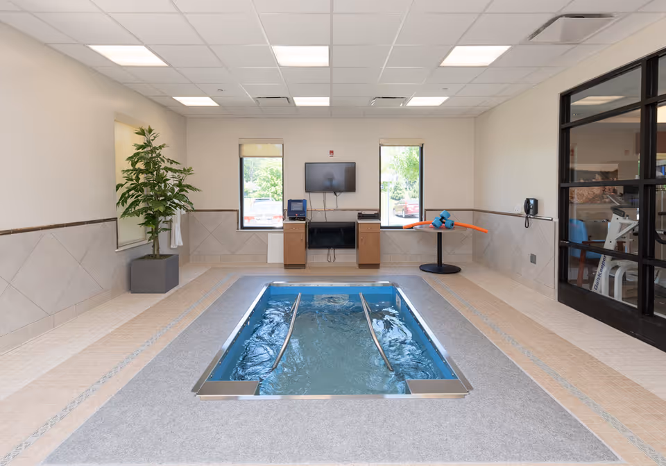 Indoor therapy pool with handrails in a tiled room featuring two windows, a wall-mounted TV, a potted plant, and exercise equipment visible through a glass door.