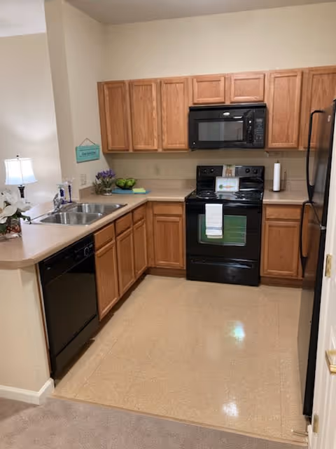 A clean kitchen with wooden cabinets, a black microwave above a black stove, a black dishwasher, a double sink, and a black refrigerator. The countertops have a few decorative items including a small lamp, a bowl of green apples, and a small plant. The floor is tiled and the walls are light-colored.