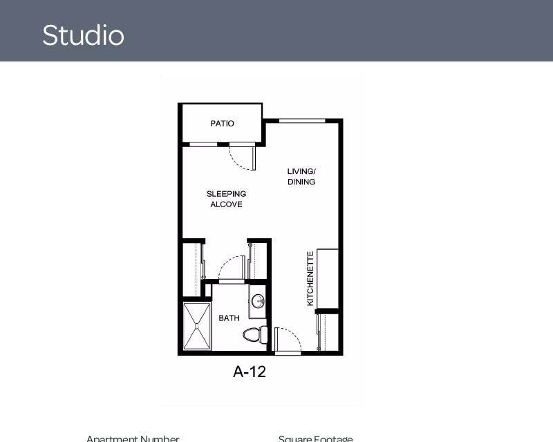 Floor plan of a studio apartment labeled A-12 showing a patio, sleeping alcove, living/dining area, kitchenette, and a bathroom.