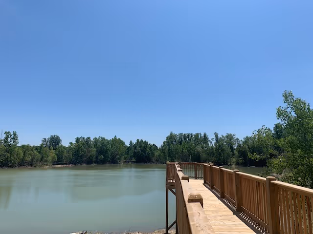 A wooden dock extending over a calm body of water with trees lining the opposite shore under a clear blue sky.