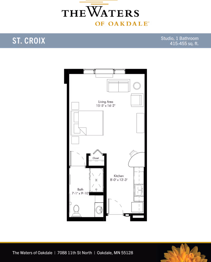 Floor plan labeled "St. Croix" for a studio apartment showing living area, kitchen, and bath dimensions.