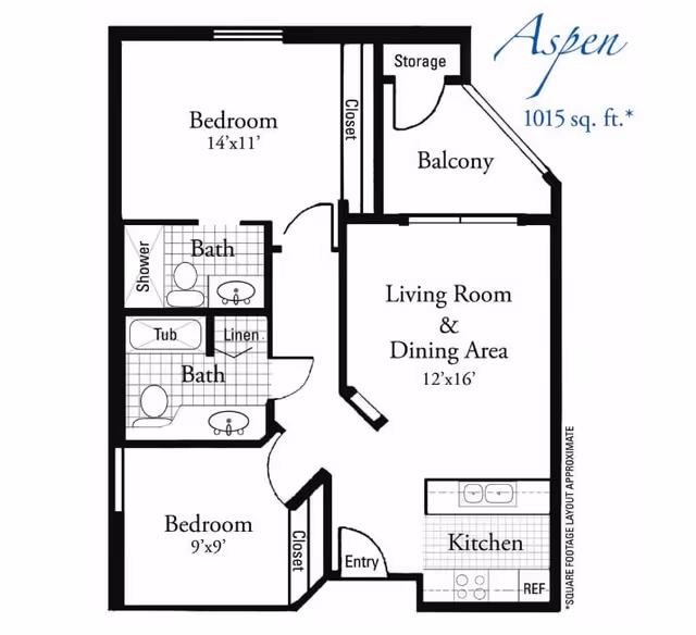 Floor plan of Aspen apartment at The Springs Of Scottsdale showing two bedrooms, two bathrooms, a living room and dining area, kitchen, balcony with storage, and entry area. Dimensions for rooms are included.