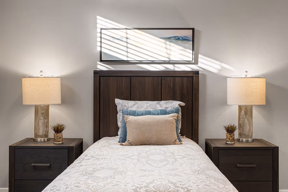 A neatly made single bed with a dark wooden headboard, adorned with three pillows in neutral and blue tones. On each side of the bed, there are matching dark wooden nightstands with modern table lamps and small potted plants. Above the bed hangs a rectangular framed artwork, and sunlight streams through blinds casting shadows on the wall.