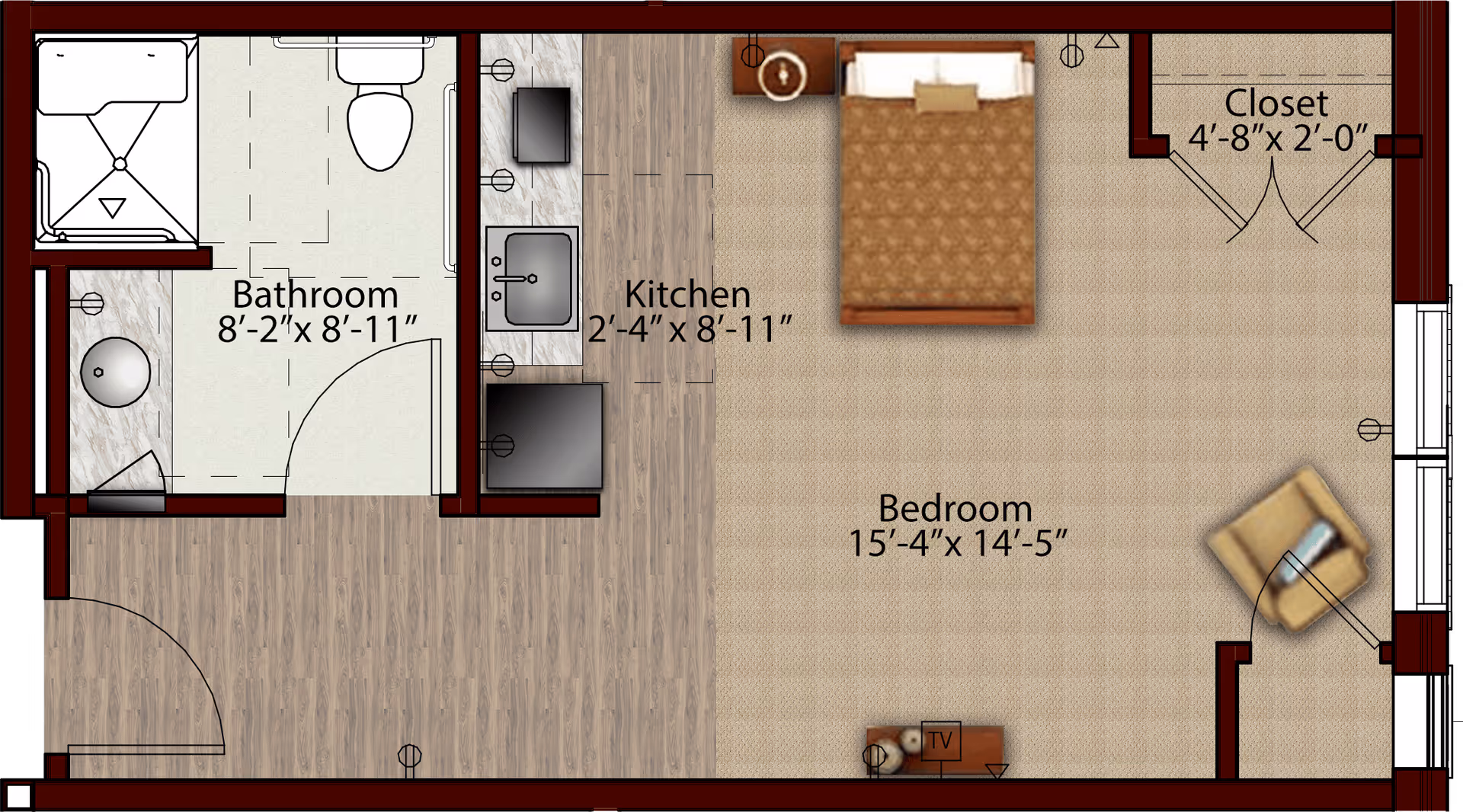 Top-down floor plan of a studio apartment showing a bedroom area, small kitchen, bathroom, and closet with room dimensions labeled.