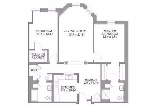 Architectural floor plan of a residential unit at Eastcastle Place, a CCRC, showing a bedroom with walk-in closet, master bedroom, living room, dining area, kitchen, two bathrooms, and a washer/dryer area with dimensions for each room.