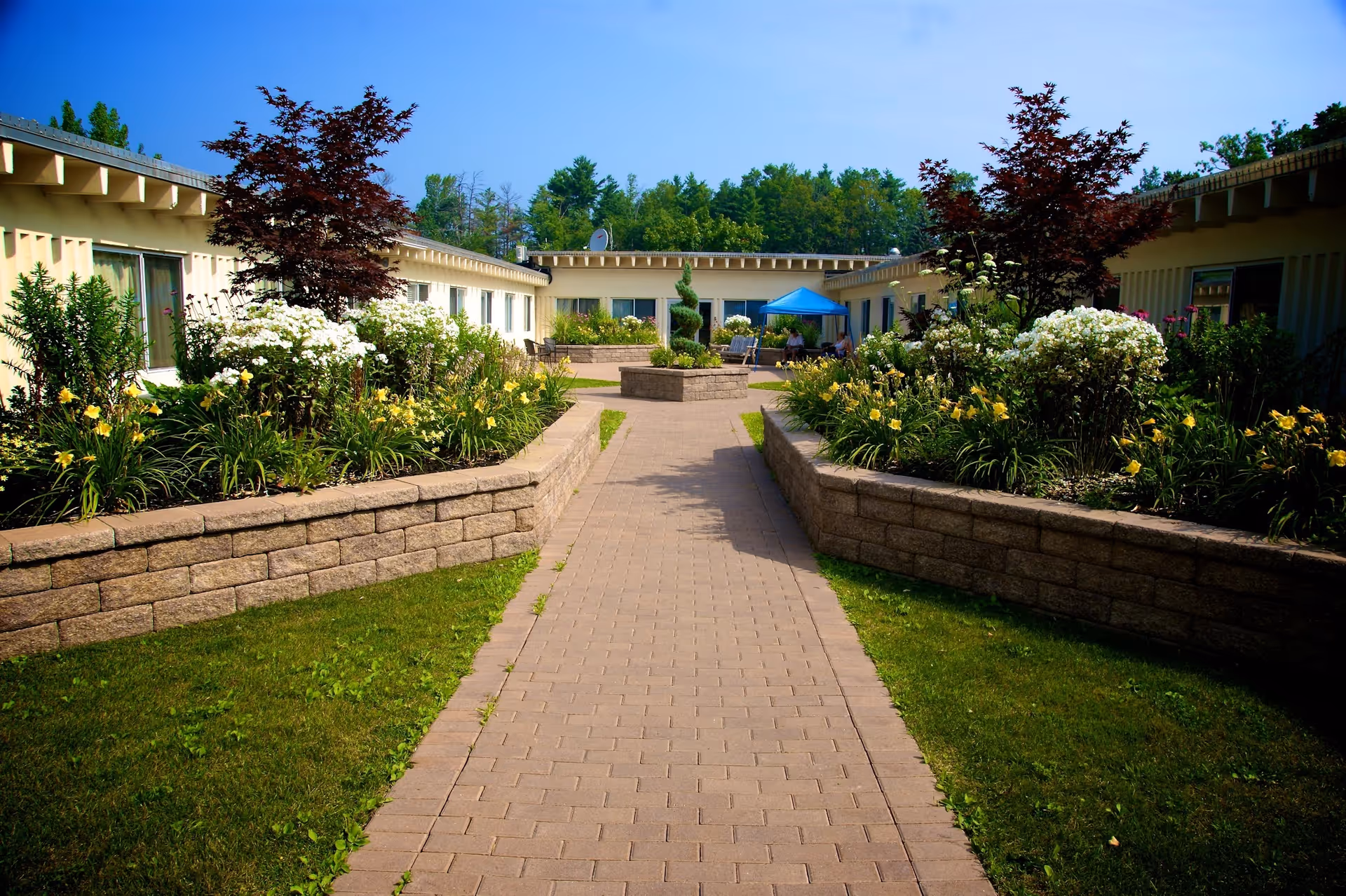 A paved walkway leading through a landscaped courtyard with raised flower beds containing various plants and flowers, surrounded by single-story buildings under a clear blue sky.